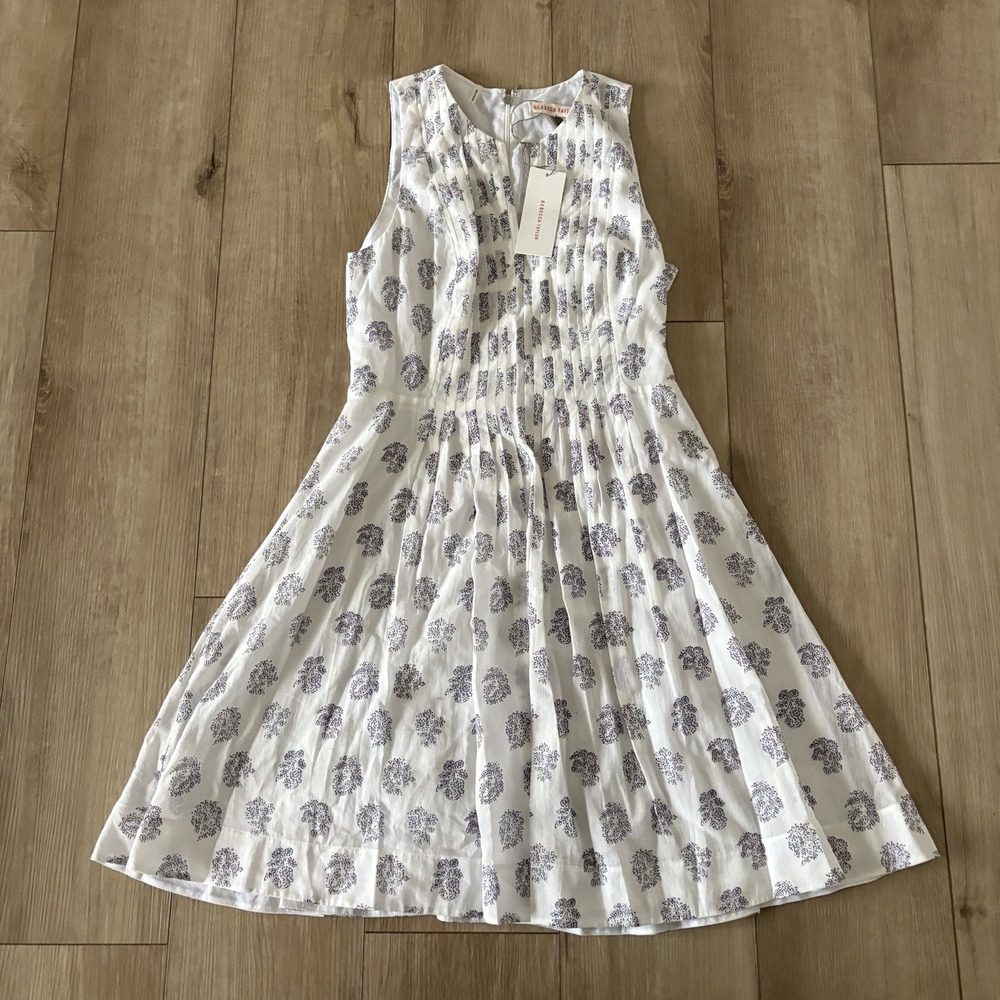 NWT Rebecca Taylor White Purple Floral‎ Pleated Sleeveless Lightweight Dress 2